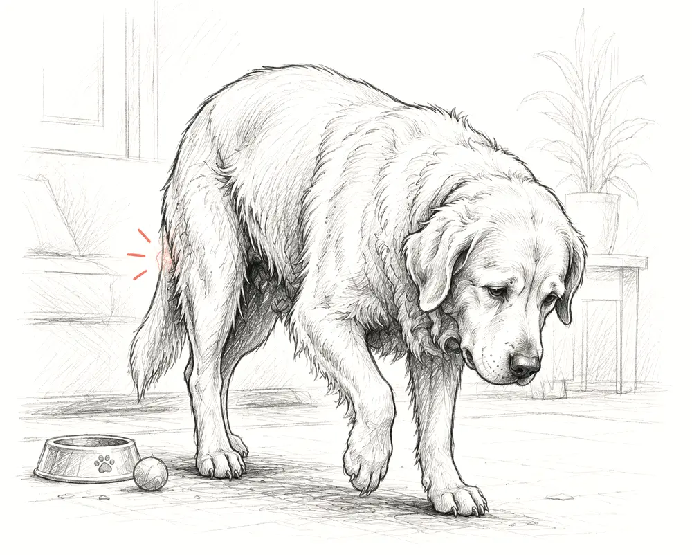 Illustration of an older dog standing stiffly, with a highlighted sore hip